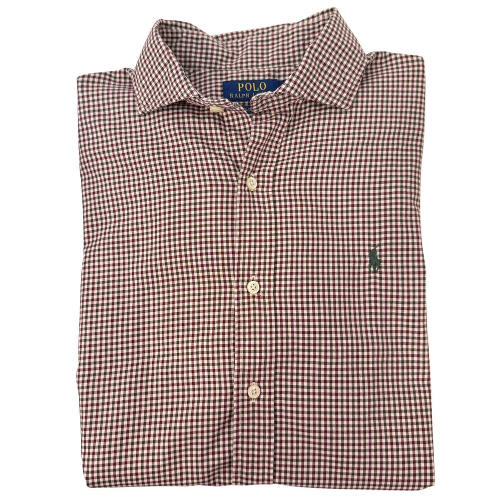 Men's checkered Polo By Ralph Lauren dress shirt in white and burgundy size M